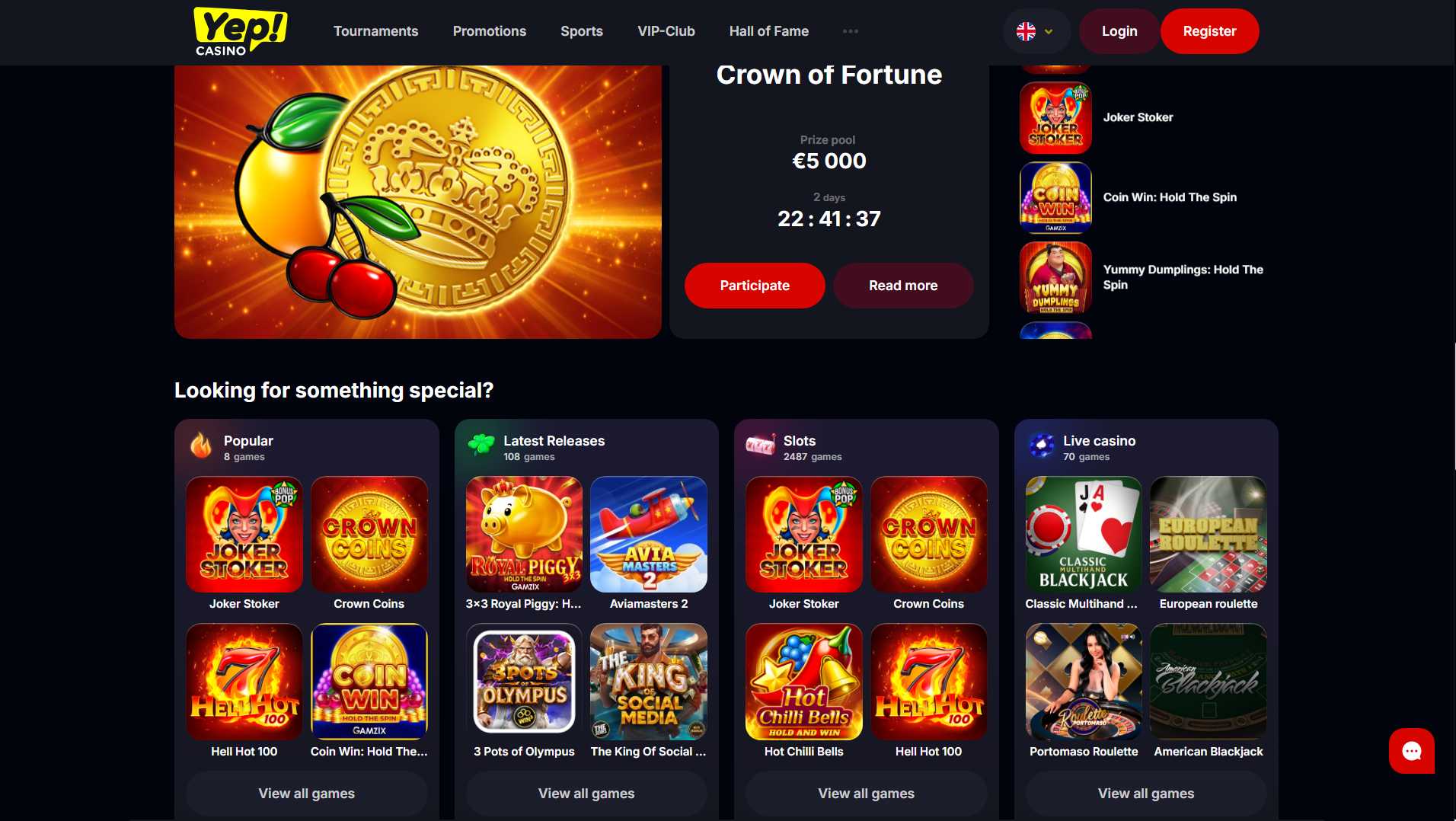 YepCasino interface